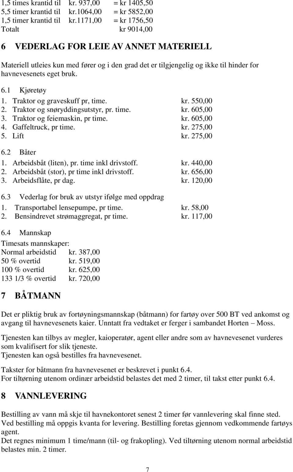 Traktor og graveskuff pr, time. kr. 550,00 2. Traktor og snøryddingsutstyr, pr. time. kr. 605,00 3. Traktor og feiemaskin, pr time. kr. 605,00 4. Gaffeltruck, pr time. kr. 275,00 5. Lift kr. 275,00 6.