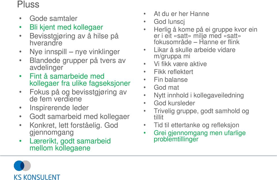 God gjennomgang Lærerikt, godt samarbeid mellom kollegaene At du er her Hanne God lunscj Herlig å kome på ei gruppe kvor ein er i eit «satt» miljø med «satt» fokusområde Hanne er flink Likar å