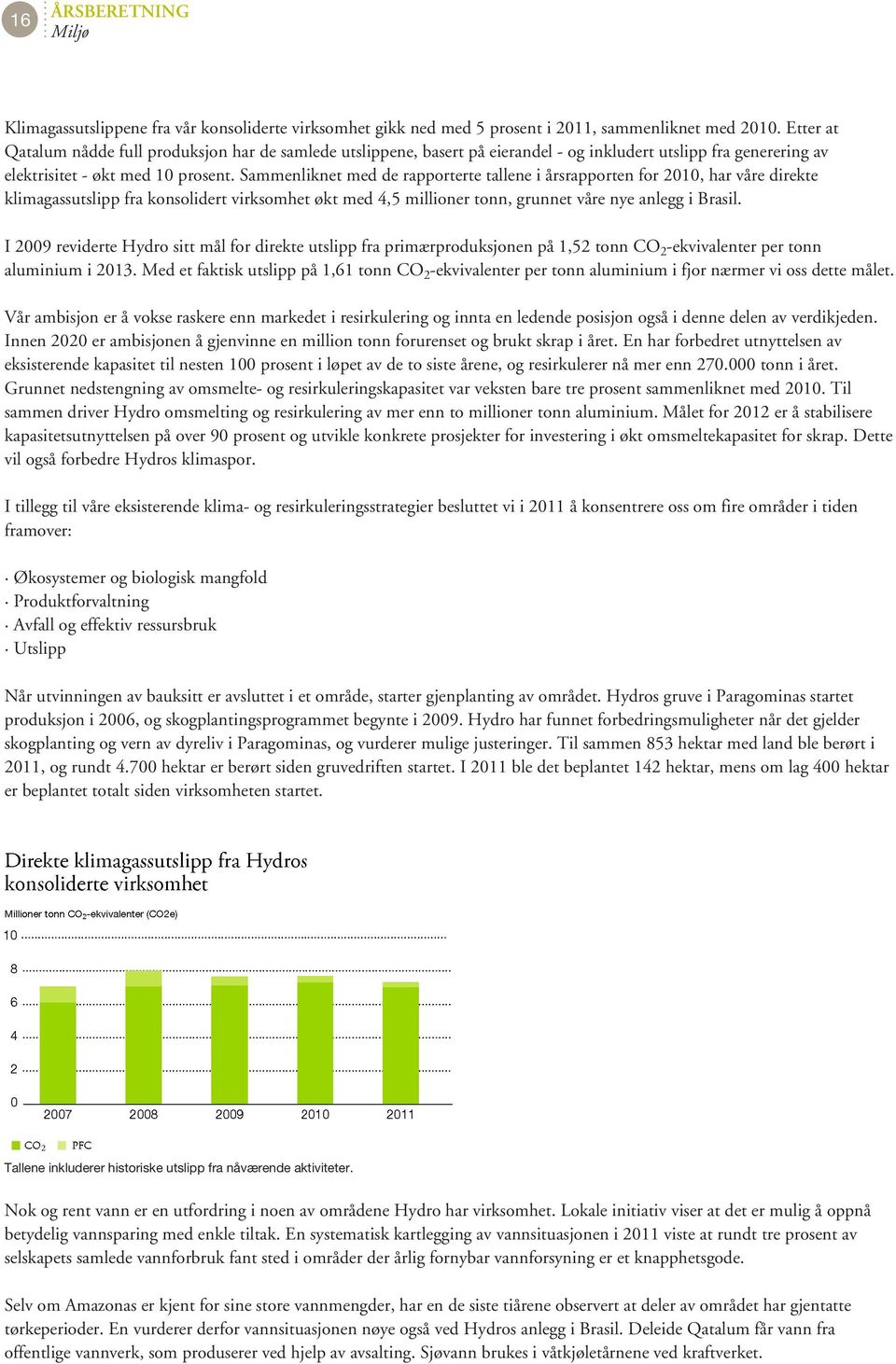 Sammenliknet med de rapporterte tallene i årsrapporten for 2010, har våre direkte klimagassutslipp fra konsolidert virksomhet økt med 4,5 millioner tonn, grunnet våre nye anlegg i Brasil.