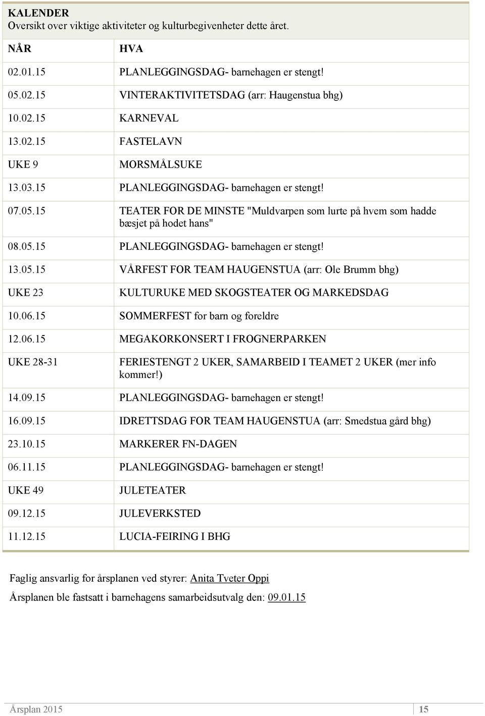 06.15 SOMMERFEST for barn og foreldre 12.06.15 MEGAKORKONSERT I FROGNERPARKEN UKE 28-31 FERIESTENGT 2 UKER, SAMARBEID I TEAMET 2 UKER (mer info kommer!) 14.09.15 PLANLEGGINGSDAG- barnehagen er stengt!