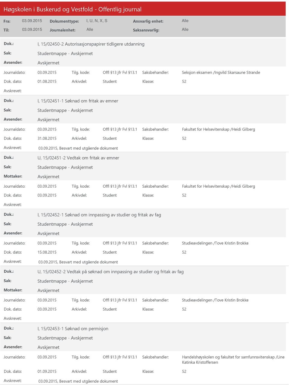 2015 Arkivdel: Student, Besvart med utgående dokument, 15/02-2 Vedtak om fritak av emner Studentmappe - Fakultet for Helsevitenskap /Heidi Gilberg Dok.