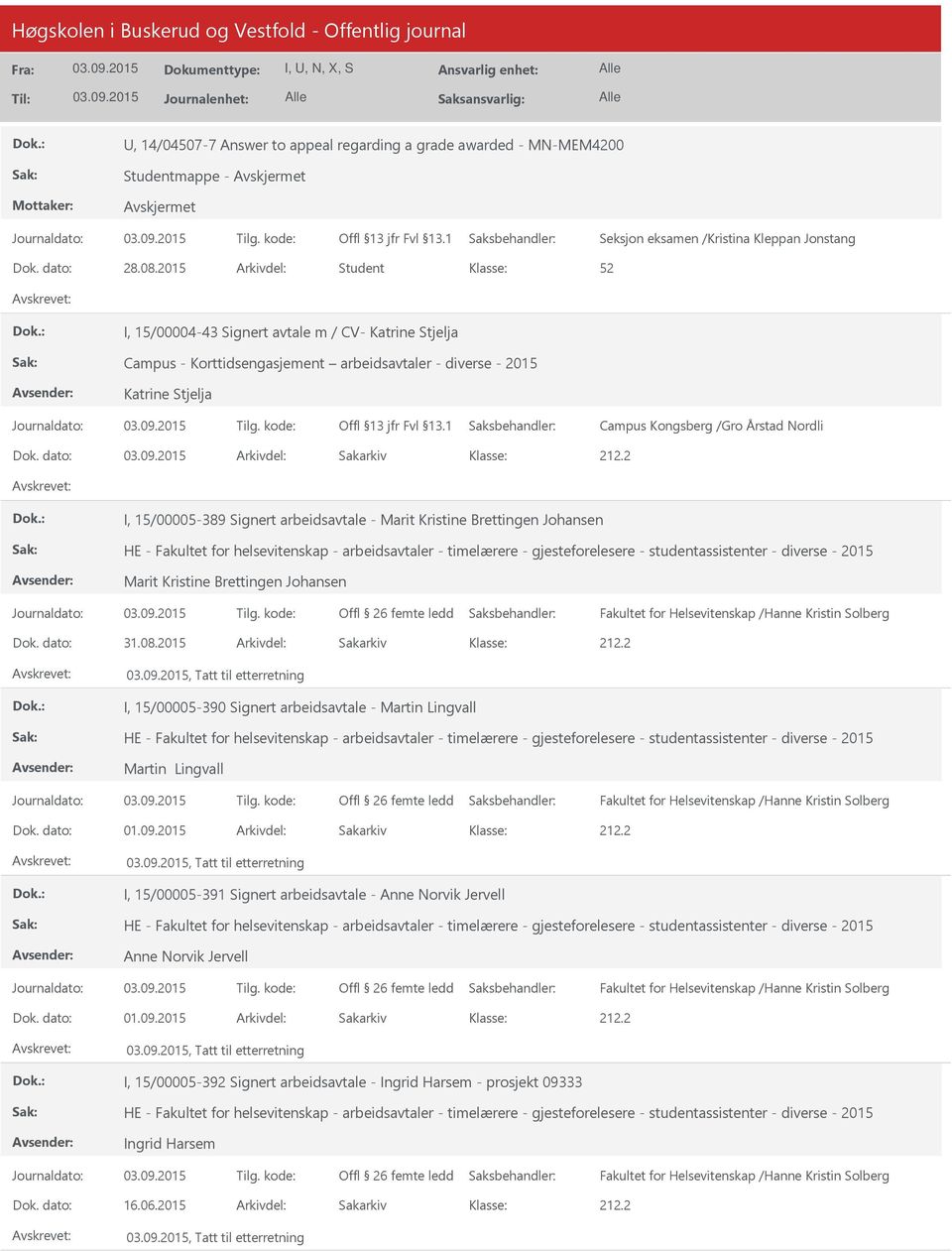 dato: Arkivdel: Sakarkiv I, 15/00005-389 Signert arbeidsavtale - Marit Kristine Brettingen Johansen HE - Fakultet for helsevitenskap - arbeidsavtaler - timelærere - gjesteforelesere -