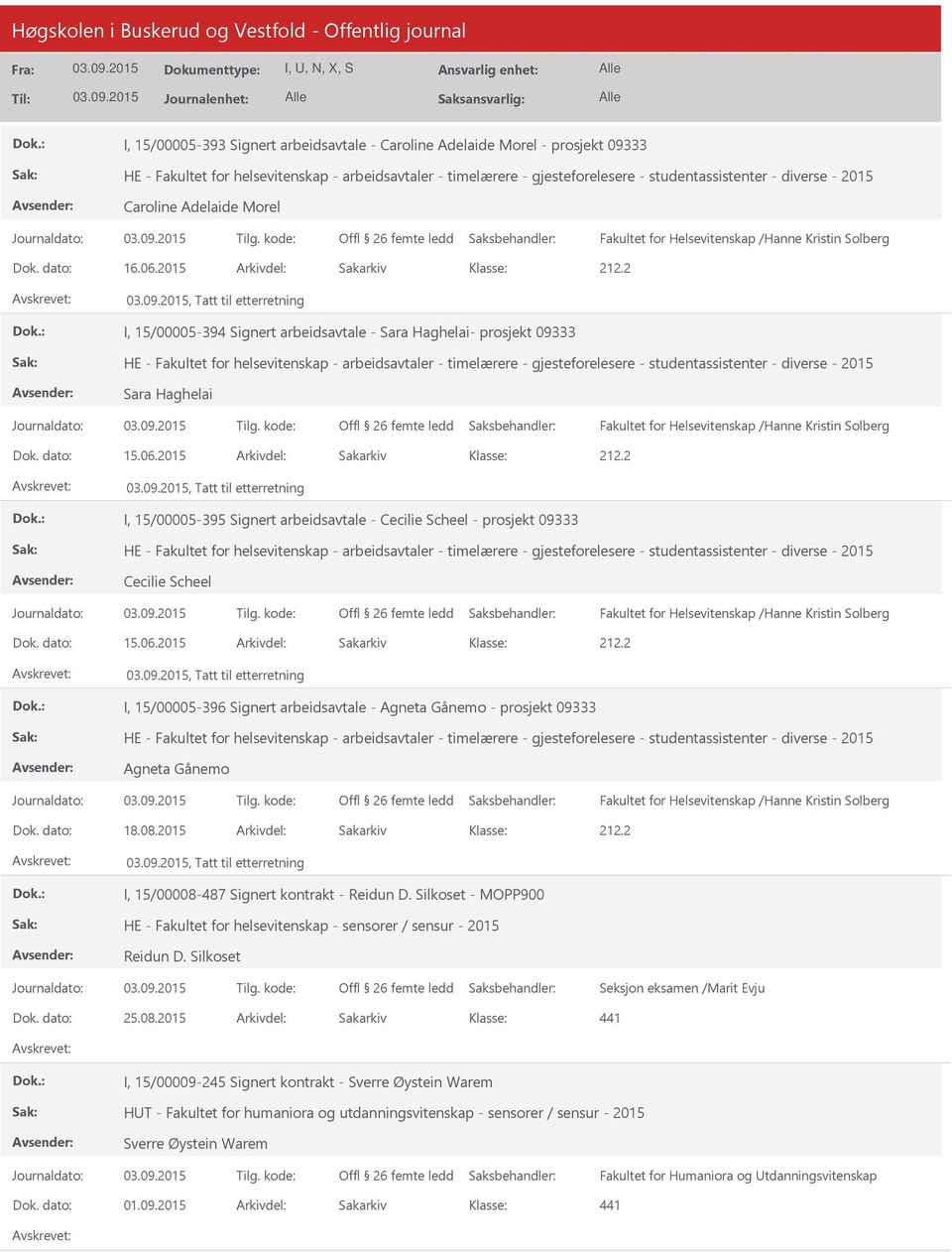 2015 Arkivdel: Sakarkiv, Tatt til etterretning I, 15/00005-394 Signert arbeidsavtale - Sara Haghelai- prosjekt 09333 HE - Fakultet for helsevitenskap - arbeidsavtaler - timelærere - gjesteforelesere