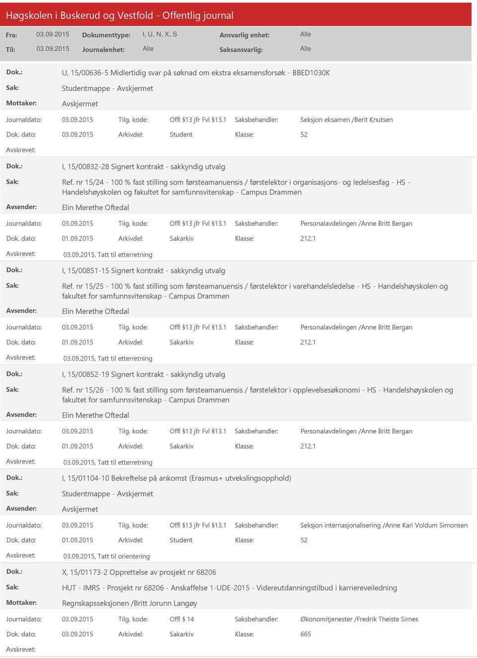 Personalavdelingen /Anne Britt Bergan Dok. dato: 01.09.2015 Arkivdel: Sakarkiv 212.1, Tatt til etterretning I, 15/00851-15 Signert kontrakt - sakkyndig utvalg Ref.