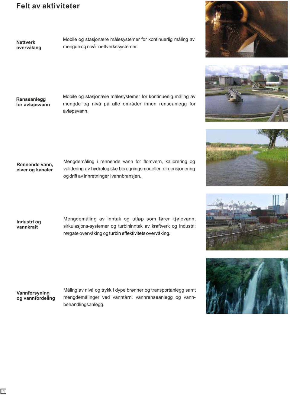 Rennende vann, elver og kanaler Mengdemåling i rennende vann for flomvern, kalibrering og validering av hydrologiske beregningsmodeller, dimensjonering og drift av innretninger i vannbransjen.