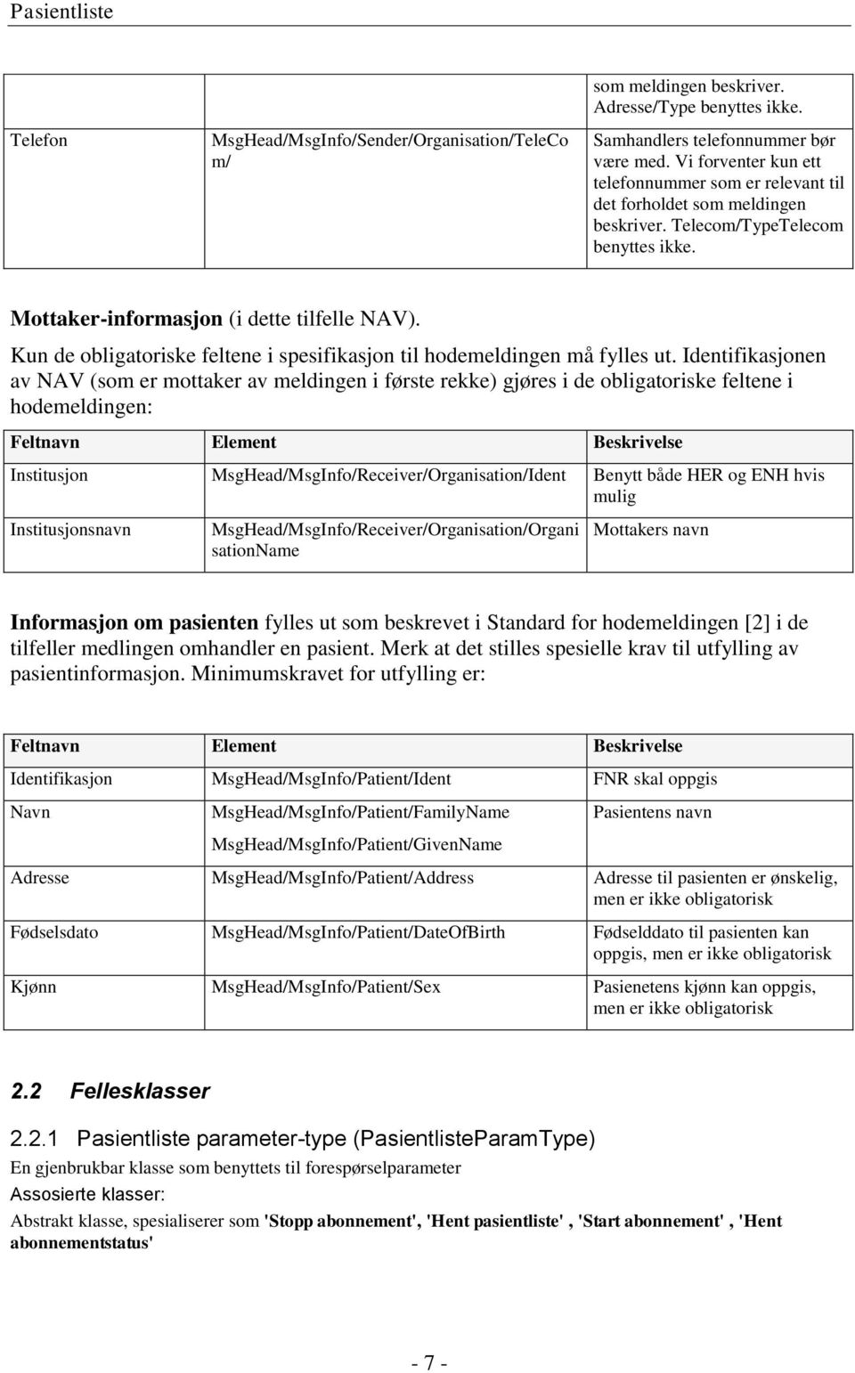 Kun de obligatoriske feltene i spesifikasjon til hodemeldingen må fylles ut.