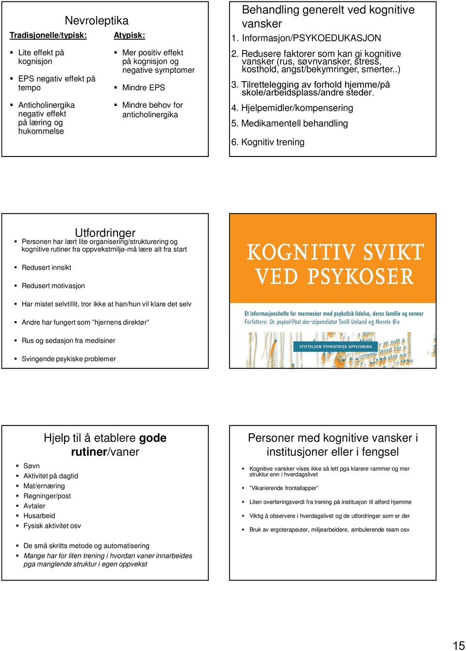 Redusere faktorer som kan gi kognitive vansker (rus, søvnvansker, stress, kosthold, angst/bekymringer, smerter..) 3. Tilrettelegging av forhold hjemme/på skole/arbeidsplass/andre steder. 4.