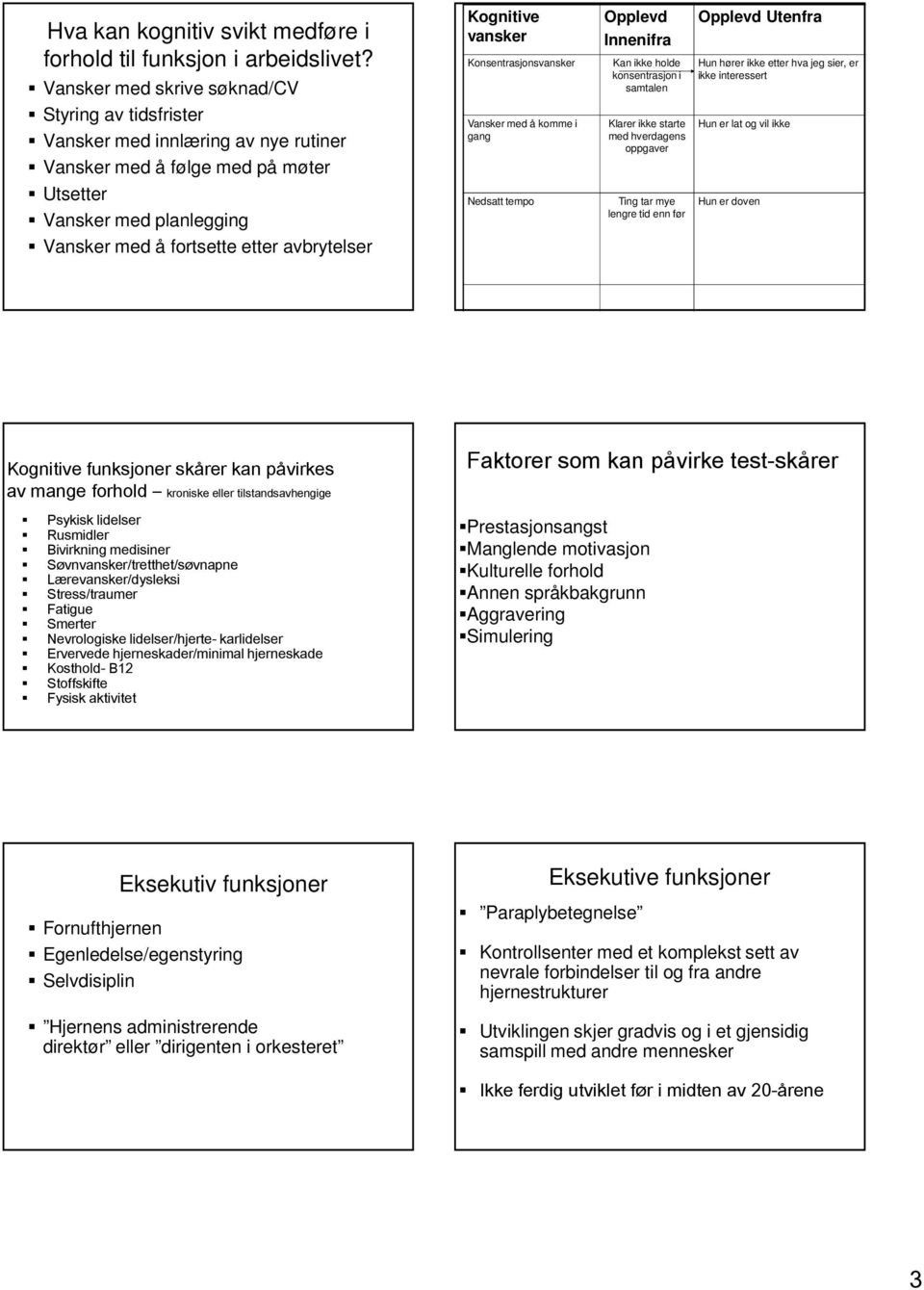 Kognitive vansker Konsentrasjonsvansker Vansker med å komme i gang Nedsatt tempo Opplevd Innenifra Kan ikke holde konsentrasjon i samtalen Klarer ikke starte med hverdagens oppgaver Ting tar mye