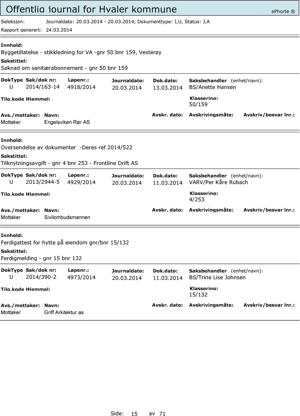 2014 BS/Anette Hansen 50/159 Engelsviken Rør AS Oversendelse av dokumenter -Deres ref 2014/522 Tilknytningsavgift - gnr 4 bnr 253 - Frontline