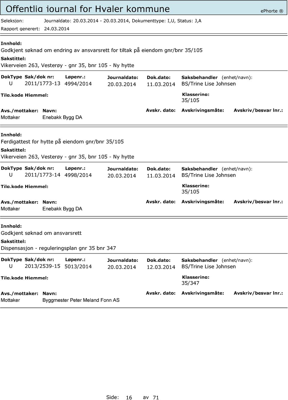 2014 BS/Trine Lise Johnsen 35/105 Enebakk Bygg DA Ferdigattest for hytte på eiendom gnr/bnr 35/105 Vikerveien 263, Vesterøy - gnr 35, bnr 105 - Ny hytte