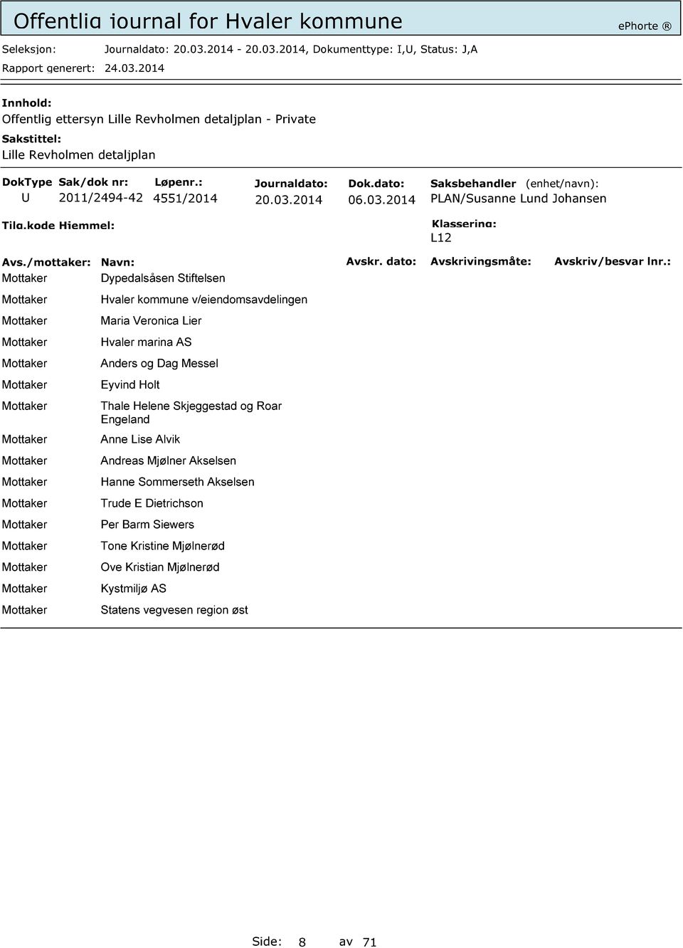 2014 PLAN/Susanne Lund Johansen L12 Dypedalsåsen Stiftelsen Hvaler kommune v/eiendomsavdelingen Maria Veronica Lier Hvaler marina AS