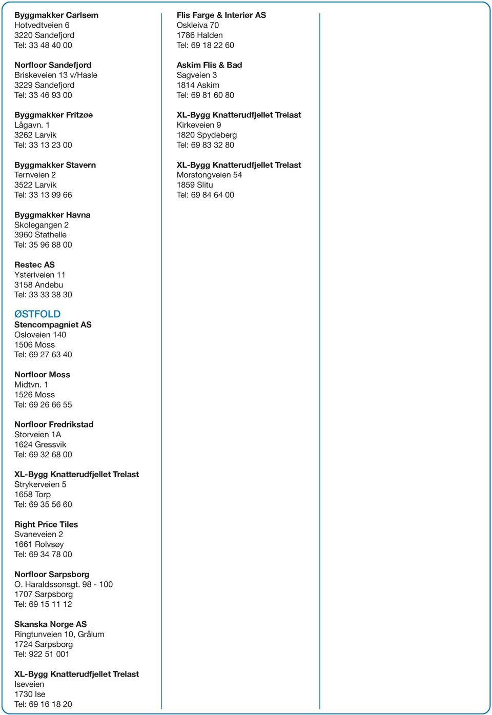 Tel: 69 81 60 80 XL-Bygg Knatterudfjellet Trelast Kirkeveien 9 1820 Spydeberg Tel: 69 83 32 80 XL-Bygg Knatterudfjellet Trelast Morstongveien 54 1859 Slitu Tel: 69 84 64 00 Byggmakker Havna