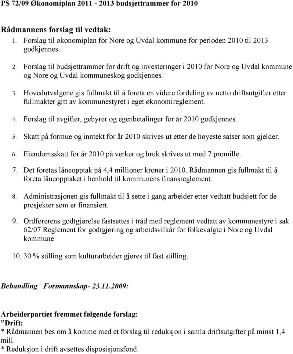 Forslag til avgifter, gebyrer og egenbetalinger for år 2010 godkjennes. 5. Skatt på formue og inntekt for år 2010 skrives ut etter de høyeste satser som gjelder. 6.