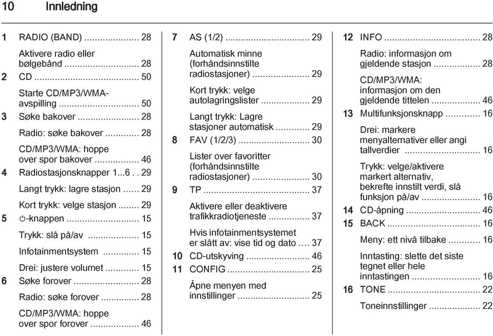 .. 15 6 Søke forover... 28 Radio: søke forover... 28 CD/MP3/WMA: hoppe over spor forover... 46 7 AS (1/2)... 29 Automatisk minne (forhåndsinnstilte radiostasjoner).