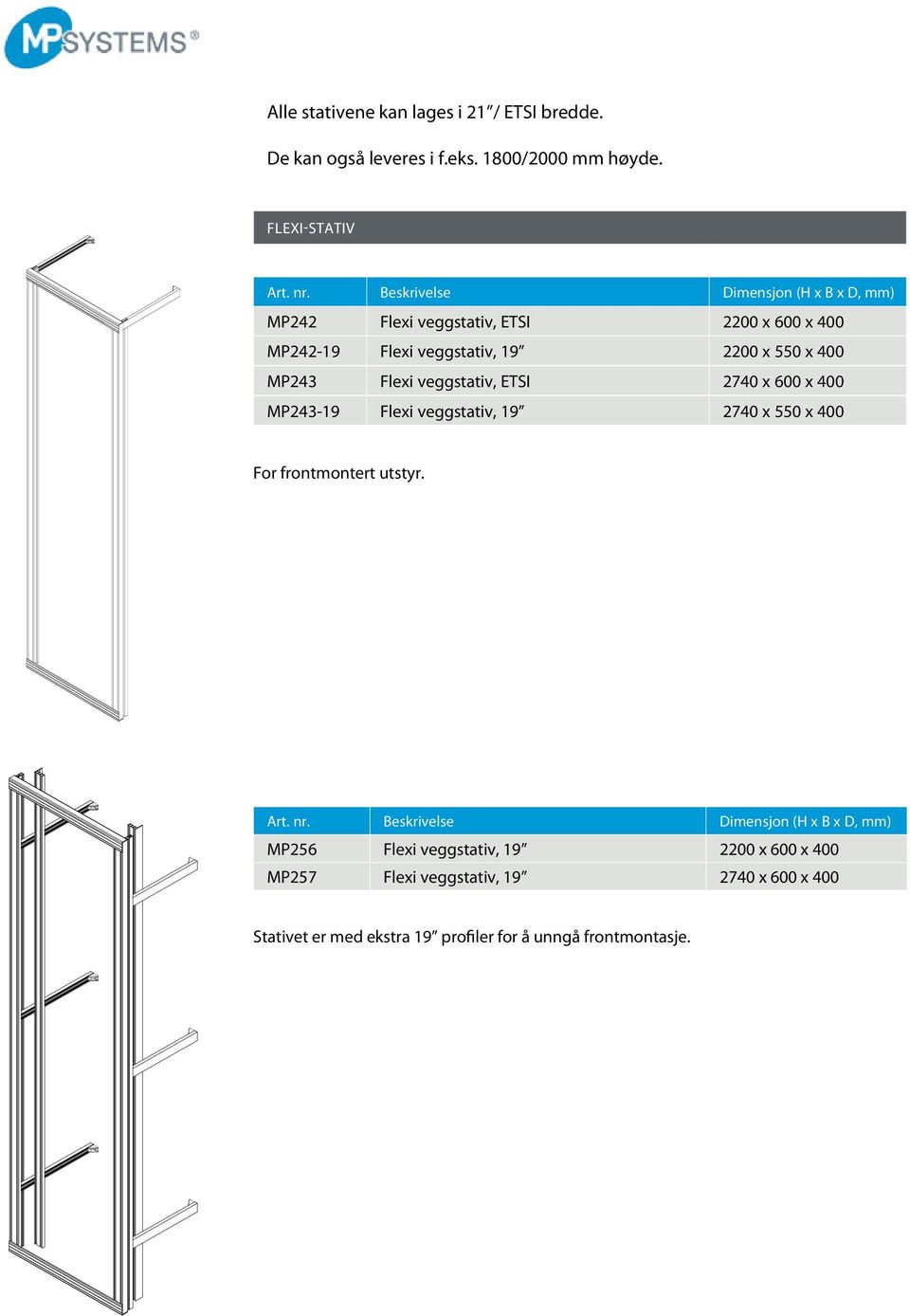 veggstativ, ETSI 2740 x 600 x 400 MP243-19 Flexi veggstativ, 19 2740 x 550 x 400 For frontmontert utstyr. Art. nr.