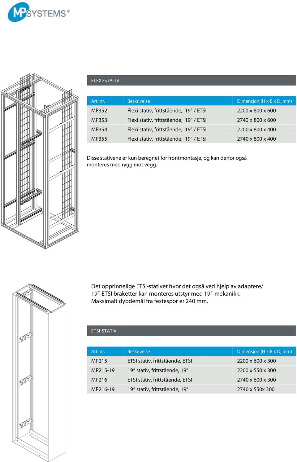800 x 400 MP355 Flexi stativ, frittstående, 19 / ETSI 2740 x 800 x 400 Disse stativene er kun beregnet for frontmontasje, og kan derfor også monteres med rygg mot vegg.