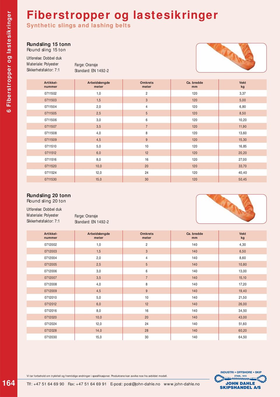 27,00 0711520 10,0 20 120 33,70 0711524 12,0 24 120 40,40 0711530 15,0 30 120 50,45 Rundsling 20 Round sling 20 ton Farge: Oransje 0712002 1,0 2 140 4,30 0712003 1,5 3 140 6,50 0712004 2,0 4 140 8,60