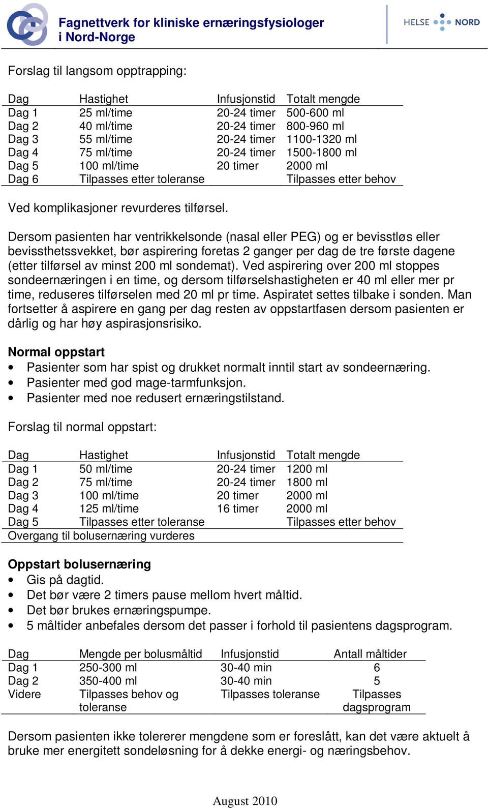 Dersom pasienten har ventrikkelsonde (nasal eller PEG) og er bevisstløs eller bevissthetssvekket, bør aspirering foretas 2 ganger per dag de tre første dagene (etter tilførsel av minst 200 ml