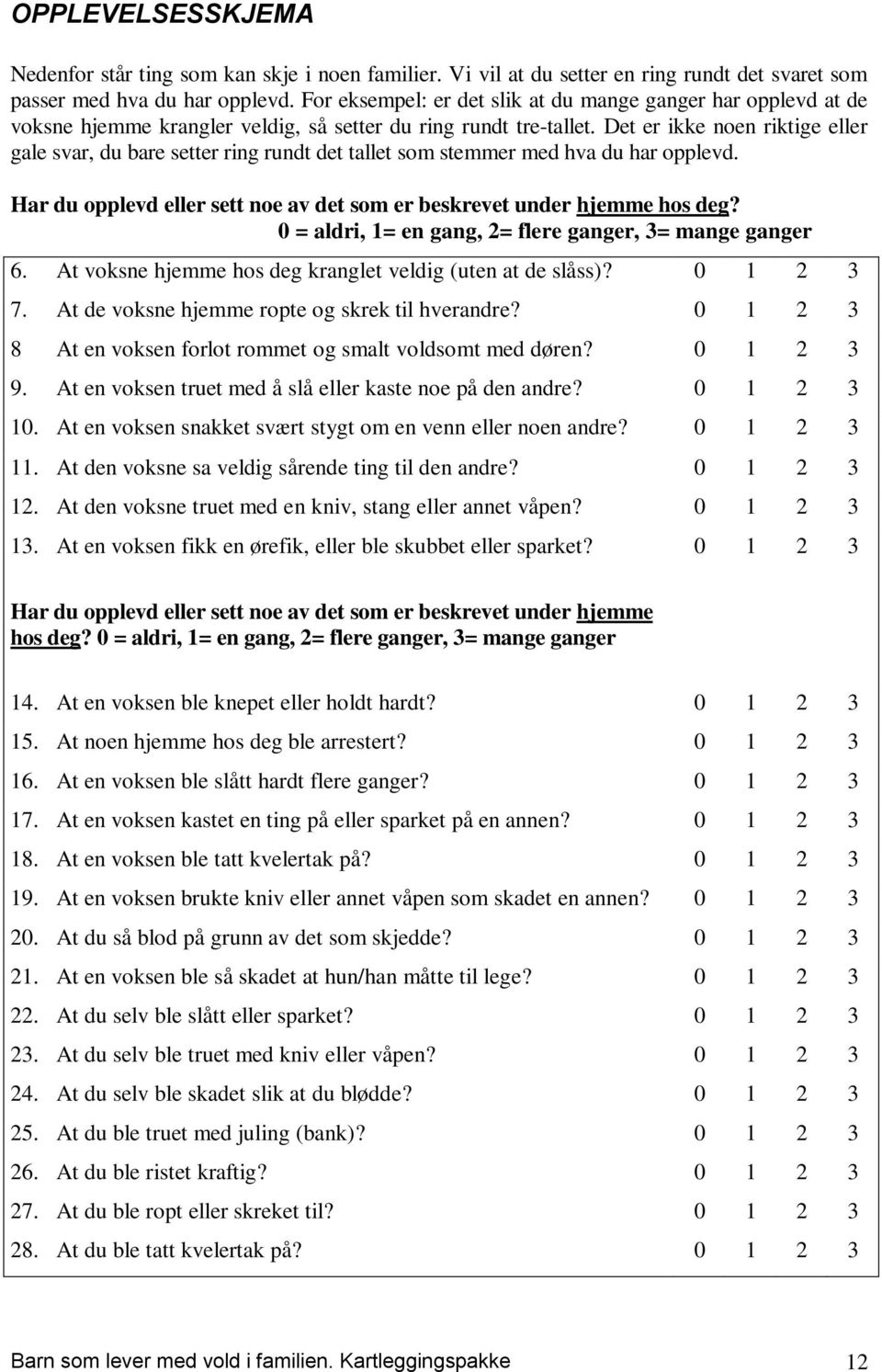 Det er ikke noen riktige eller gale svar, du bare setter ring rundt det tallet som stemmer med hva du har opplevd. Har du opplevd eller sett noe av det som er beskrevet under hjemme hos deg?