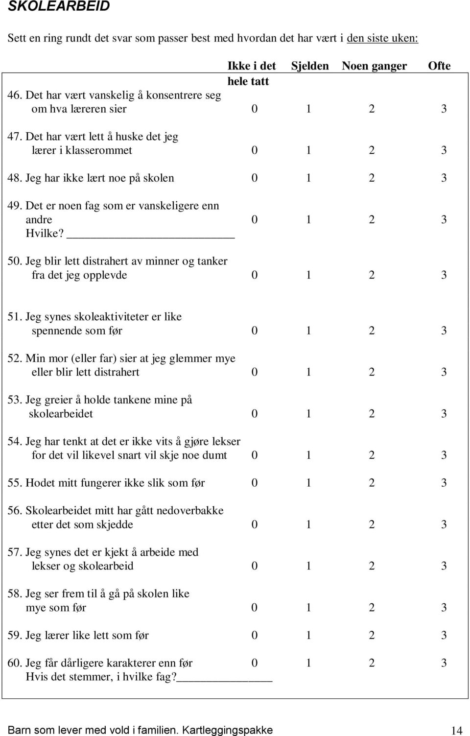 Det er noen fag som er vanskeligere enn andre Hvilke? 50. Jeg blir lett distrahert av minner og tanker fra det jeg opplevde 51. Jeg synes skoleaktiviteter er like spennende som før 52.