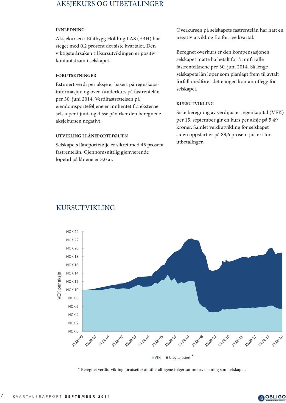 juni 2014. Verdifastsettelsen på eiendomsporteføljene er innhentet fra eksterne selskaper i juni, og disse påvirker den beregnede aksjekursen negativt.