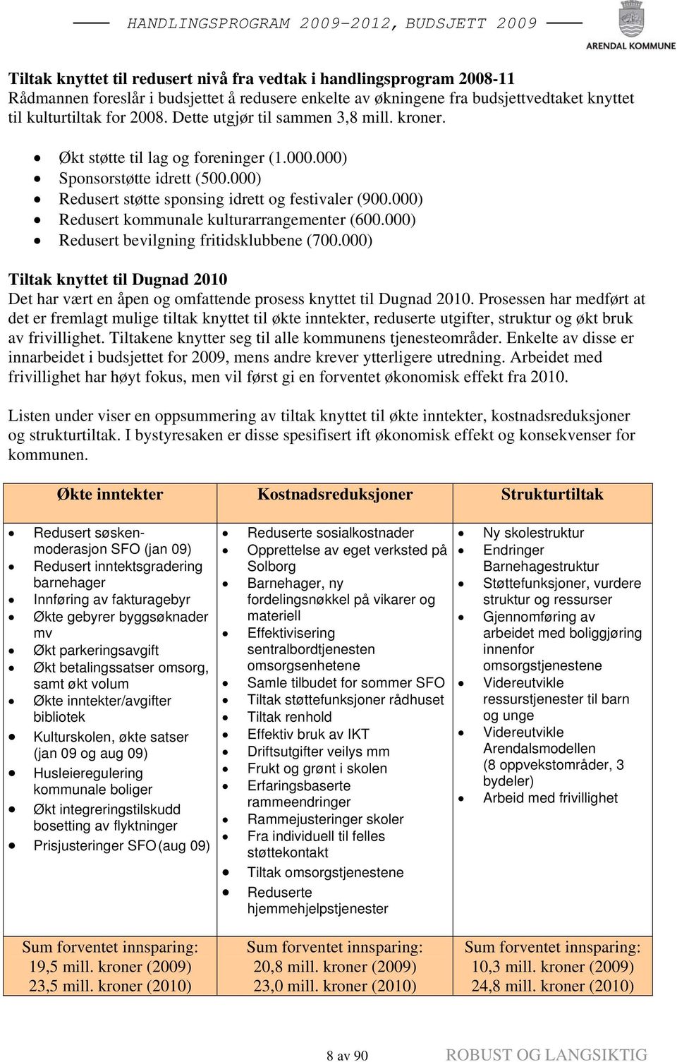 000) Redusert kommunale kulturarrangementer (600.000) Redusert bevilgning fritidsklubbene (700.000) Tiltak knyttet til Dugnad 2010 Det har vært en åpen og omfattende prosess knyttet til Dugnad 2010.