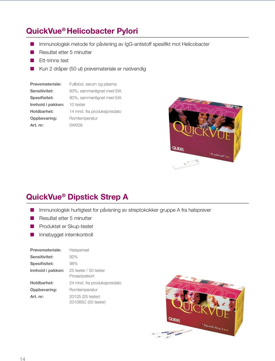 fra produksjonsdato 0W009 QuickVue Dipstick Strep A Immunologisk hurtigtest for påvisning av streptokokker gruppe A fra halsprøver Resultat etter 5 minutter Produktet er