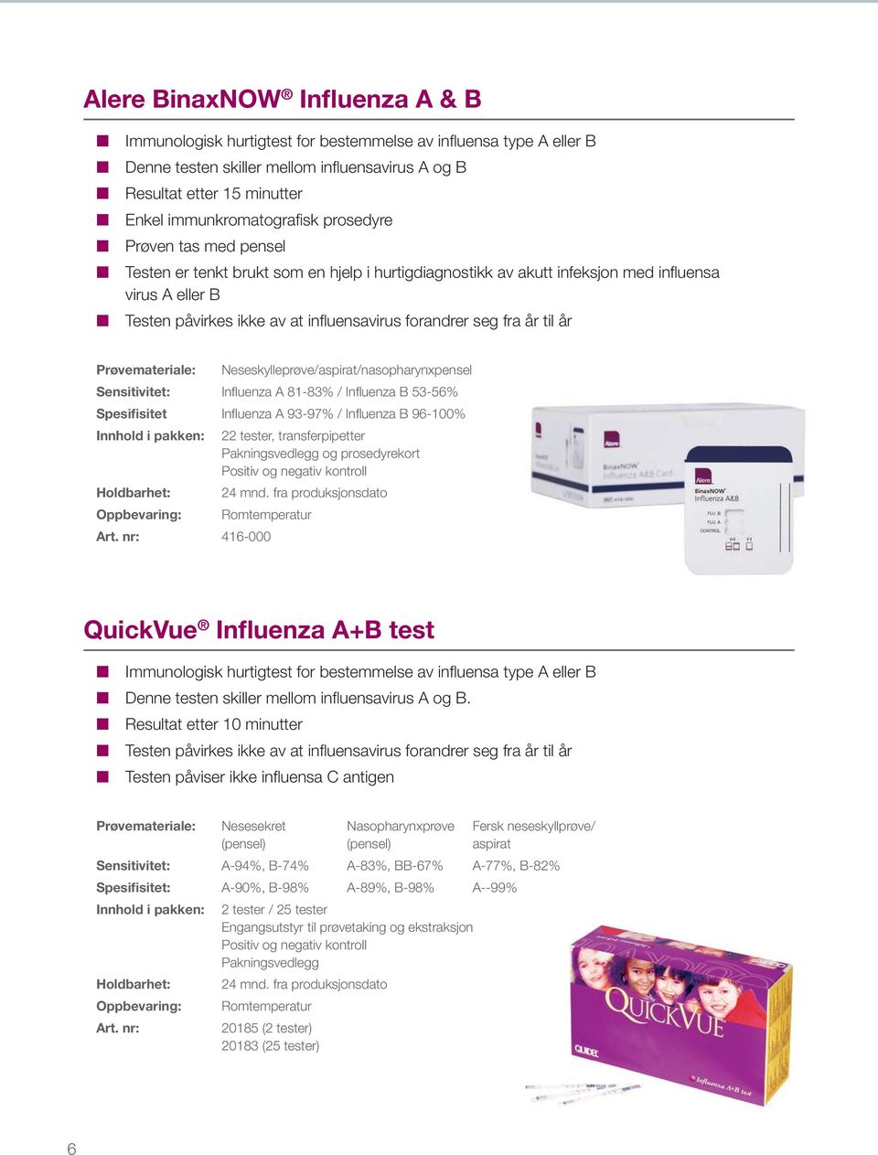 forandrer seg fra år til år Neseskylleprøve/aspirat/nasopharynxpensel Sensitivitet: Influenza A 81-83% / Influenza B 53-56% Spesifisitet Influenza A 93-97% / Influenza B 96-100% 22 tester,