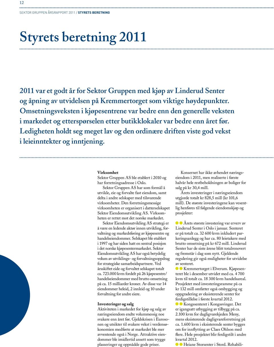 Ledigheten holdt seg meget lav og den ordinære driften viste god vekst i leieinntekter og inntjening. Virksomhet Sektor Gruppen AS ble etablert i 2010 og har forretningsadresse i Oslo.