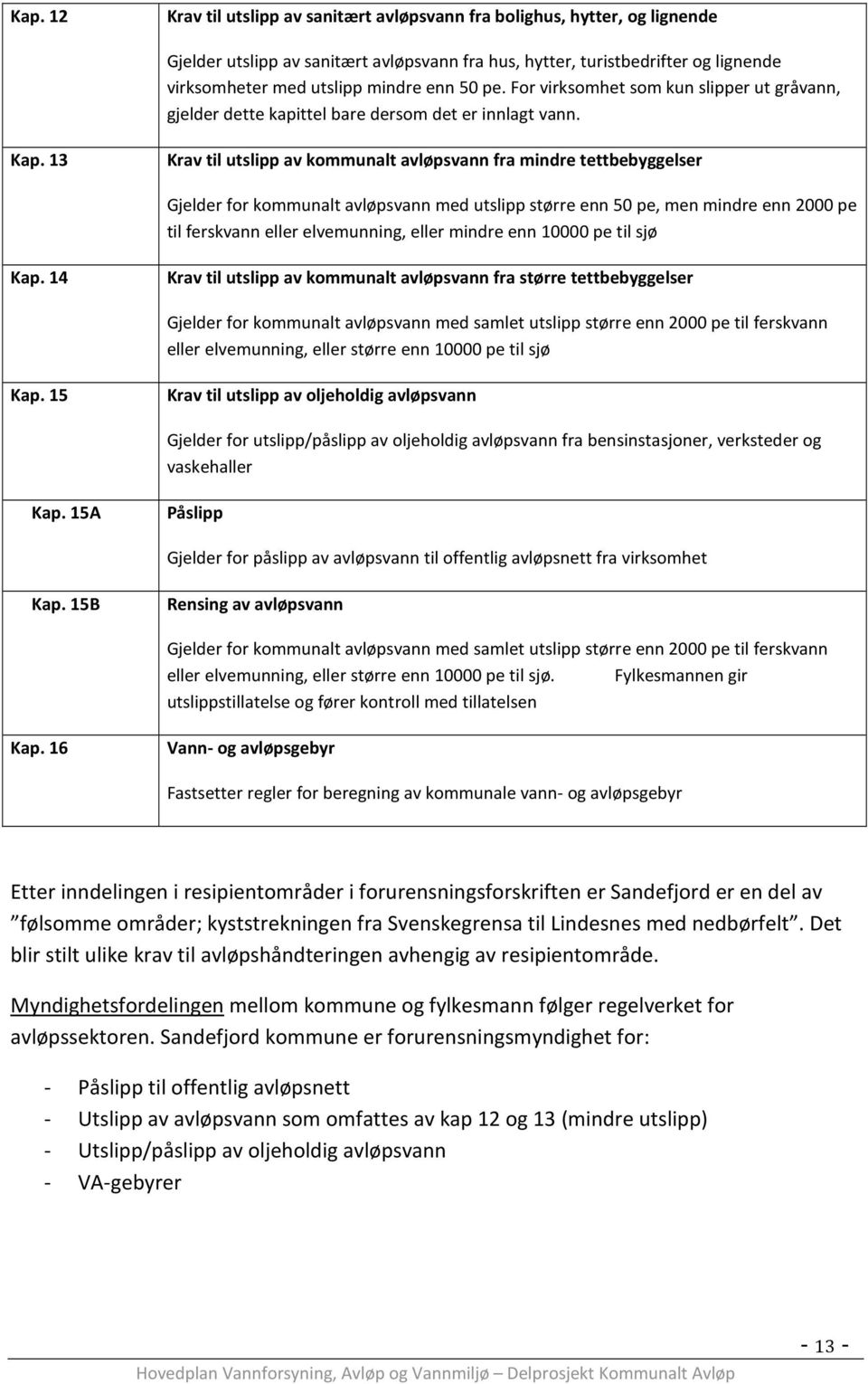 13 Krav til utslipp av kommunalt avløpsvann fra mindre tettbebyggelser Gjelder for kommunalt avløpsvann med utslipp større enn 50 pe, men mindre enn 2000 pe til ferskvann eller elvemunning, eller