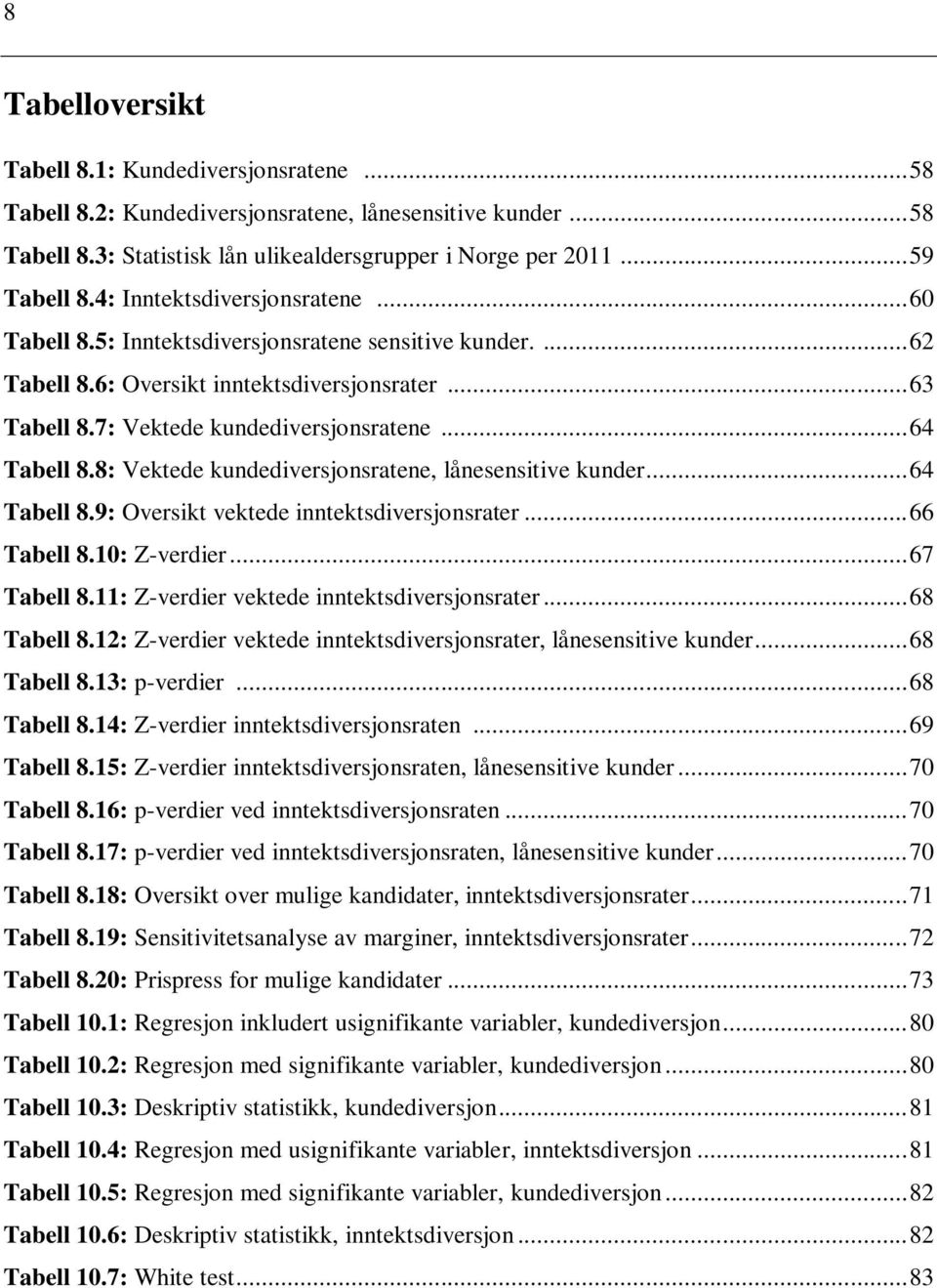 .. 64 Tabell 8.8: Vektede kundediversjonsratene, lånesensitive kunder... 64 Tabell 8.9: Oversikt vektede inntektsdiversjonsrater... 66 Tabell 8.10: Z-verdier... 67 Tabell 8.