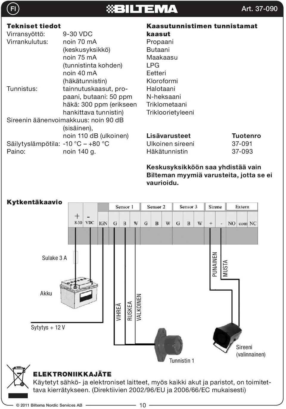 Kaasutunnistimen tunnistamat kaasut Propaani Butaani Maakaasu LPG Eetteri Kloroformi Halotaani N-heksaani Triklometaani Trikloorietyleeni Lisävarusteet Tuotenro Ulkoinen sireeni 37-091 Häkätunnistin