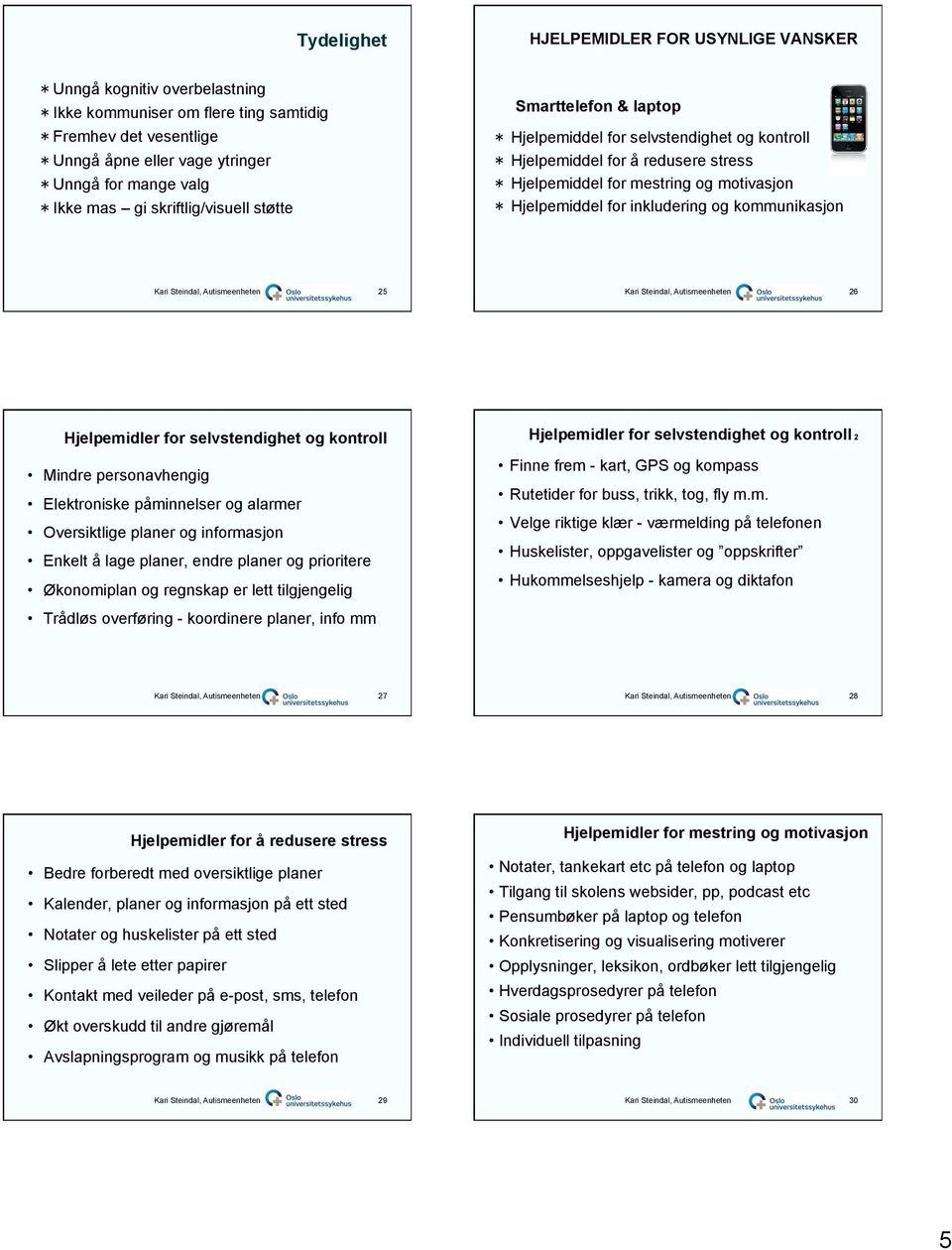 og kommunikasjon Kari Steindal, Autismeenheten 25 Kari Steindal, Autismeenheten 26 Hjelpemidler for selvstendighet og kontroll Mindre personavhengig Elektroniske påminnelser og alarmer Oversiktlige