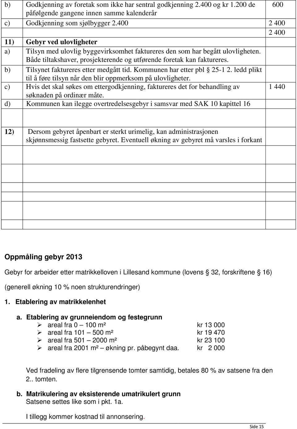 b) Tilsynet faktureres etter medgått tid. Kommunen har etter pbl 25-1 2. ledd plikt til å føre tilsyn når den blir oppmerksom på ulovligheter.