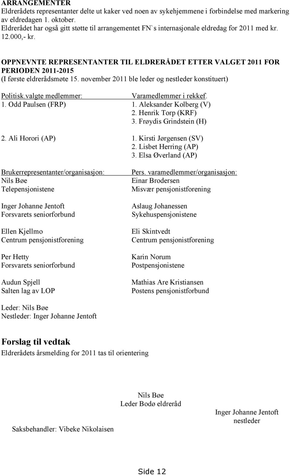 OPPNEVNTE REPRESENTANTER TIL ELDRERÅDET ETTER VALGET 2011 FOR PERIODEN 2011-2015 (I første eldrerådsmøte 15. november 2011 ble leder og nestleder konstituert) Politisk.