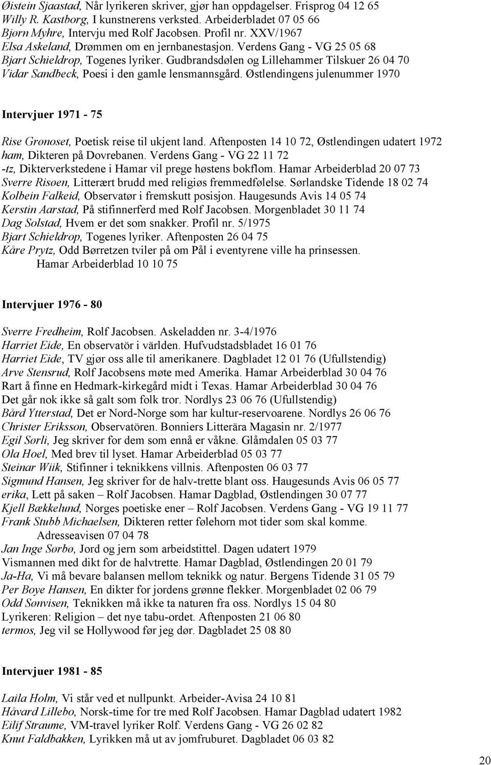 Gudbrandsdølen og Lillehammer Tilskuer 26 04 70 Vidar Sandbeck, Poesi i den gamle lensmannsgård. Østlendingens julenummer 1970 Intervjuer 1971-75 Rise Grønoset, Poetisk reise til ukjent land.