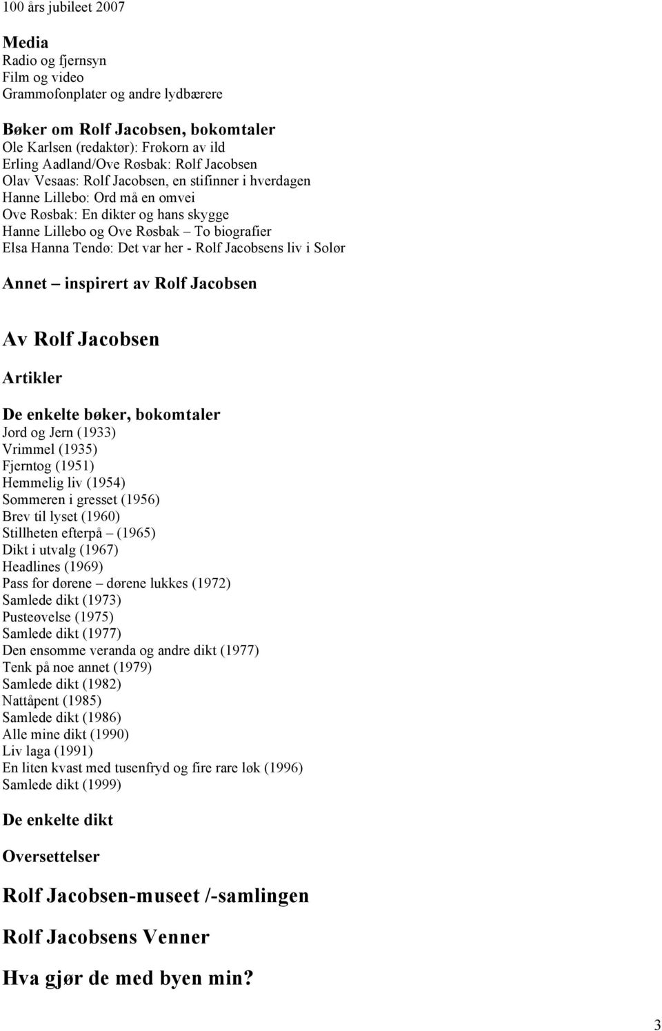 var her - Rolf Jacobsens liv i Solør Annet inspirert av Rolf Jacobsen Av Rolf Jacobsen Artikler De enkelte bøker, bokomtaler Jord og Jern (1933) Vrimmel (1935) Fjerntog (1951) Hemmelig liv (1954)