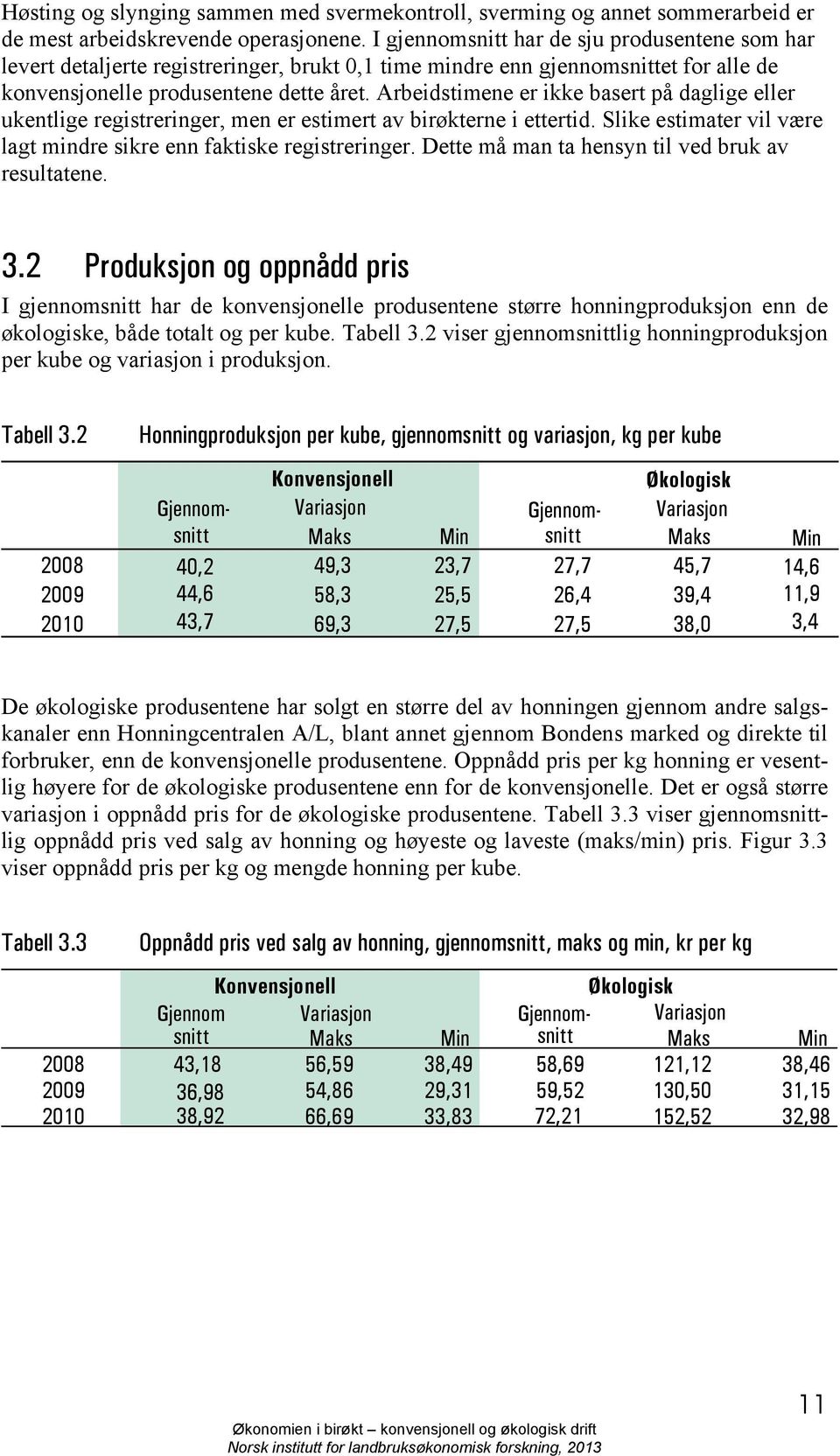 Arbeidstimene er ikke basert på daglige eller ukentlige registreringer, men er estimert av birøkterne i ettertid. Slike estimater vil være lagt mindre sikre enn faktiske registreringer.