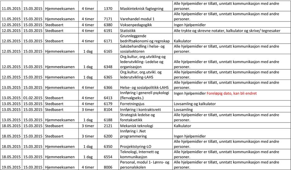 05.2015 15.03.2015 1 dag 6165 Saksbehandling i helse- og sosialsektoren 12.05.2015 15.03.2015 1 dag 6348 Org.kultur, org.utvikling og lederutvikling- Ledelse og organisasjon 12.05.2015 15.03.2015 1 dag 6365 Org.