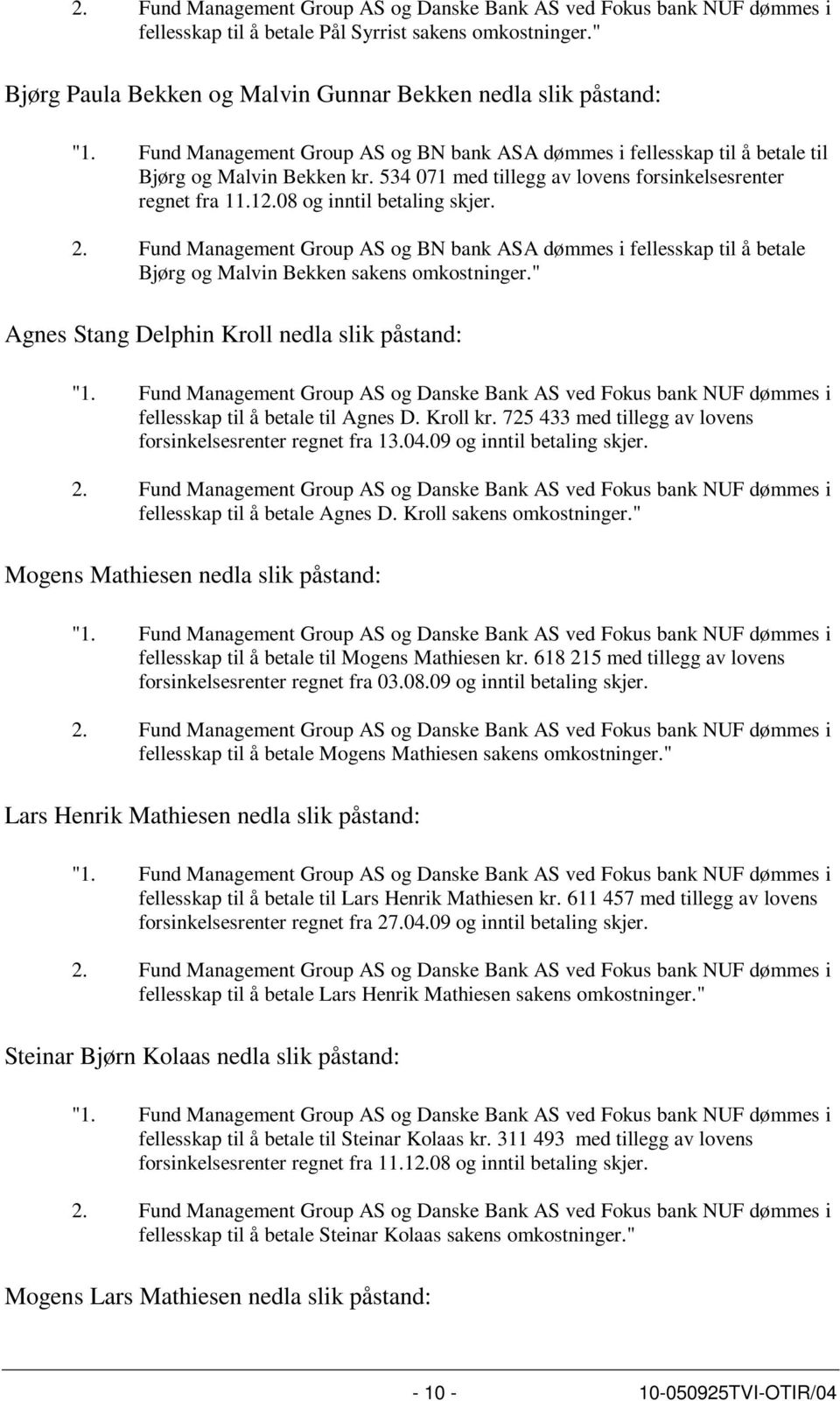 2. Fund Management Group AS og BN bank ASA dømmes i fellesskap til å betale Bjørg og Malvin Bekken sakens omkostninger." Agnes Stang Delphin Kroll nedla slik påstand: "1.