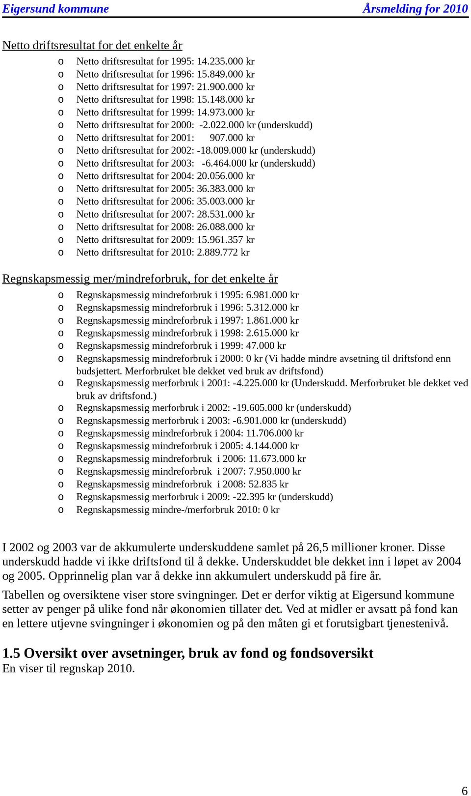 000 kr Nett driftsresultat fr 2002: -18.009.000 kr (underskudd) Nett driftsresultat fr 2003: -6.464.000 kr (underskudd) Nett driftsresultat fr 2004: 20.056.000 kr Nett driftsresultat fr 2005: 36.383.