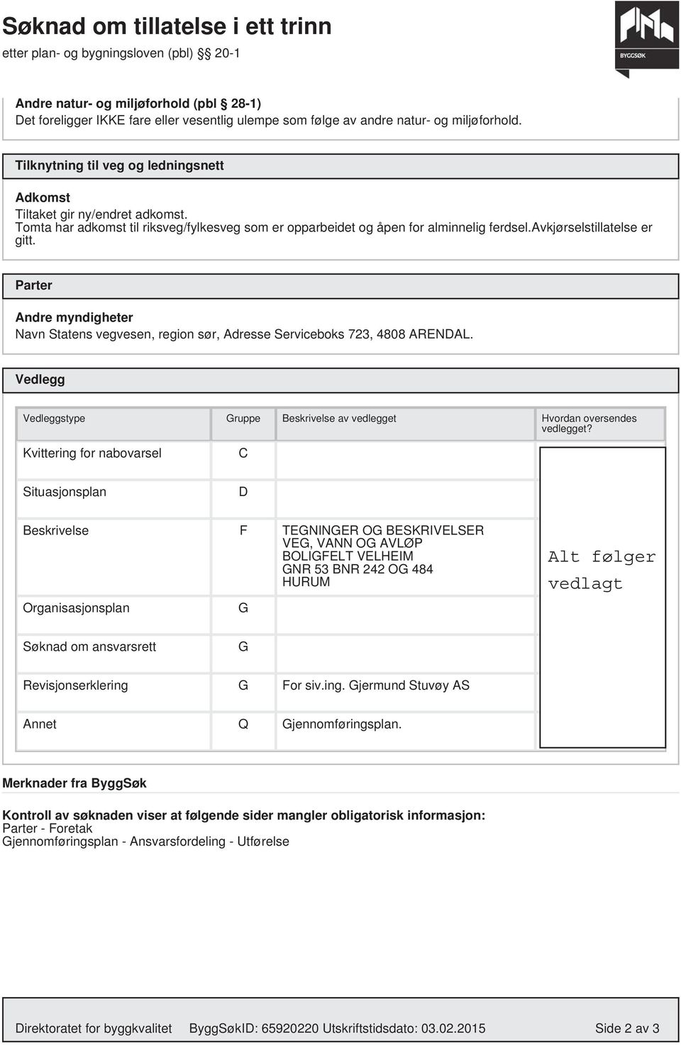 avkjørselstillatelse er gitt. Parter Andre myndigheter Navn Statens vegvesen, region sør, Adresse Serviceboks 723, 4808 ARENDAL.