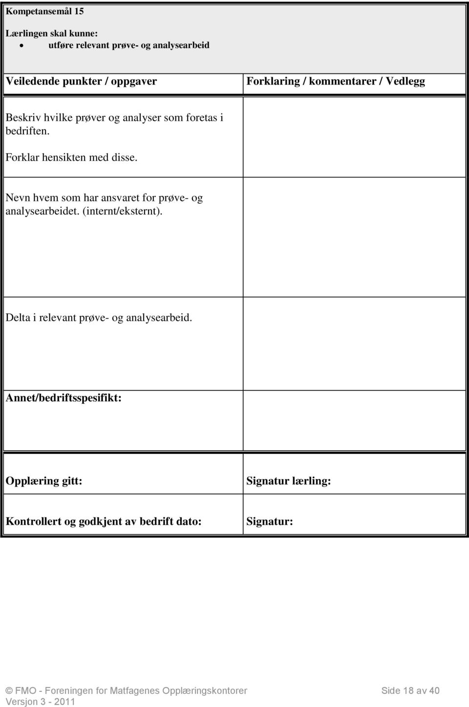 Nevn hvem som har ansvaret for prøve- og analysearbeidet. (internt/eksternt).