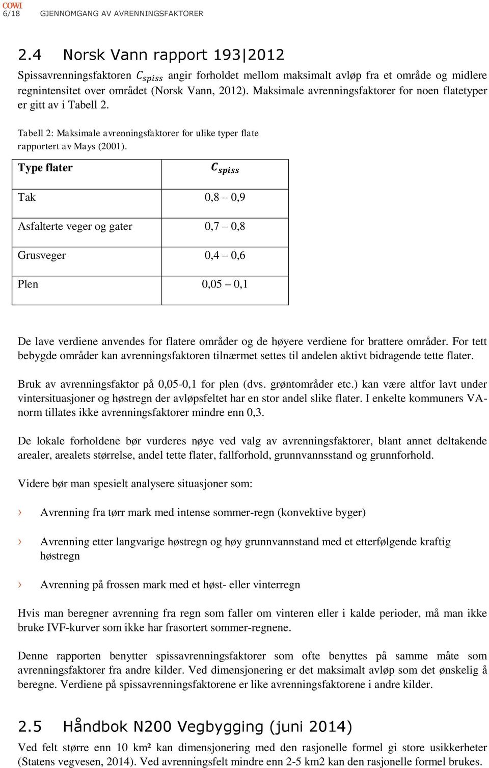 Maksimale avrenningsfaktorer for noen flatetyper er gitt av i Tabell 2. Tabell 2: Maksimale avrenningsfaktorer for ulike typer flate rapportert av Mays (2001).