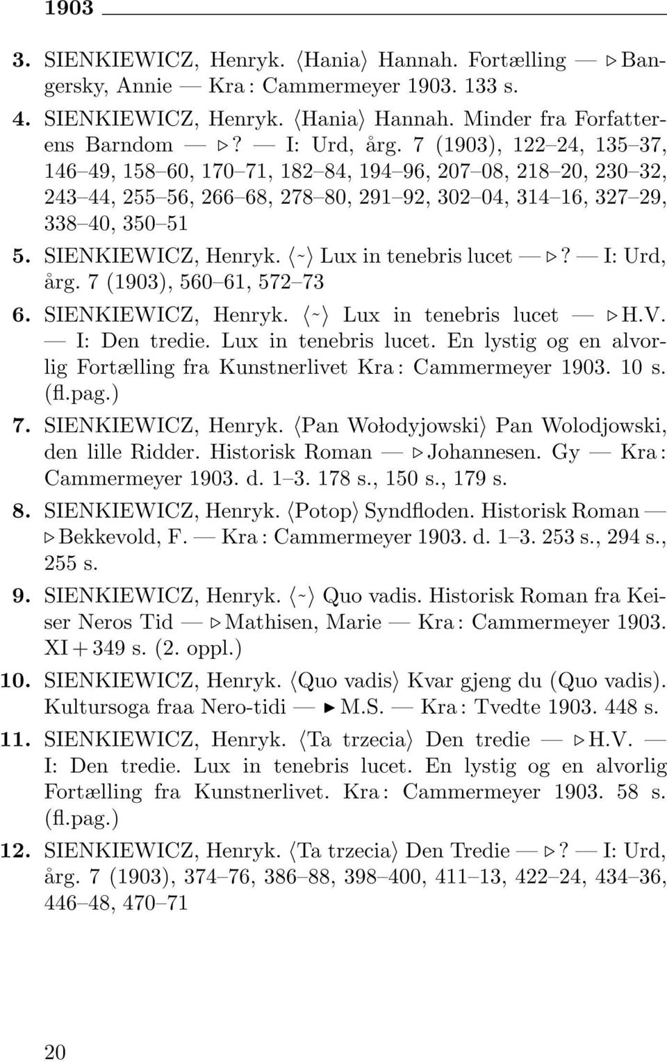 Lux in tenebris lucet? I:Urd, årg. 7 (1903), 560 61, 572 73 6. SIENKIEWICZ, Henryk. Lux in tenebris lucet H.V. I: Den tredie. Lux in tenebris lucet. En lystig og en alvorlig Fortælling fra Kunstnerlivet Kra : Cammermeyer 1903.