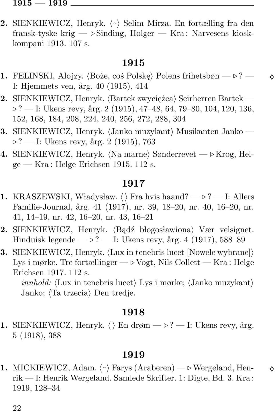 2 (1915), 47 48, 64, 79 80, 104, 120, 136, 152, 168, 184, 208, 224, 240, 256, 272, 288, 304 3. SIENKIEWICZ, Henryk. Janko muzykant Musikanten Janko? I: Ukens revy, årg. 2 (1915), 763 4.