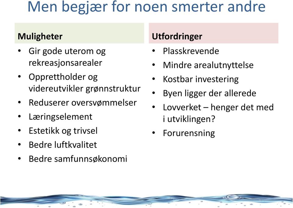 og trivsel Bedre luftkvalitet Bedre samfunnsøkonomi Utfordringer Plasskrevende Mindre