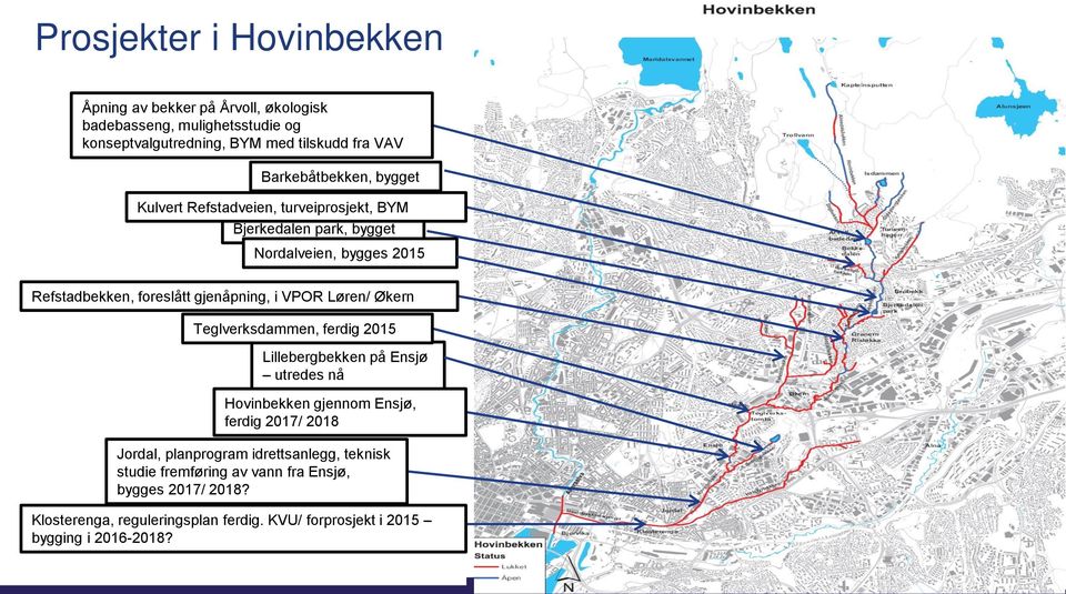 gjenåpning, i VPOR Løren/ Økern Teglverksdammen, ferdig 2015 Lillebergbekken på Ensjø utredes nå Hovinbekken gjennom Ensjø, ferdig 2017/ 2018 Jordal,