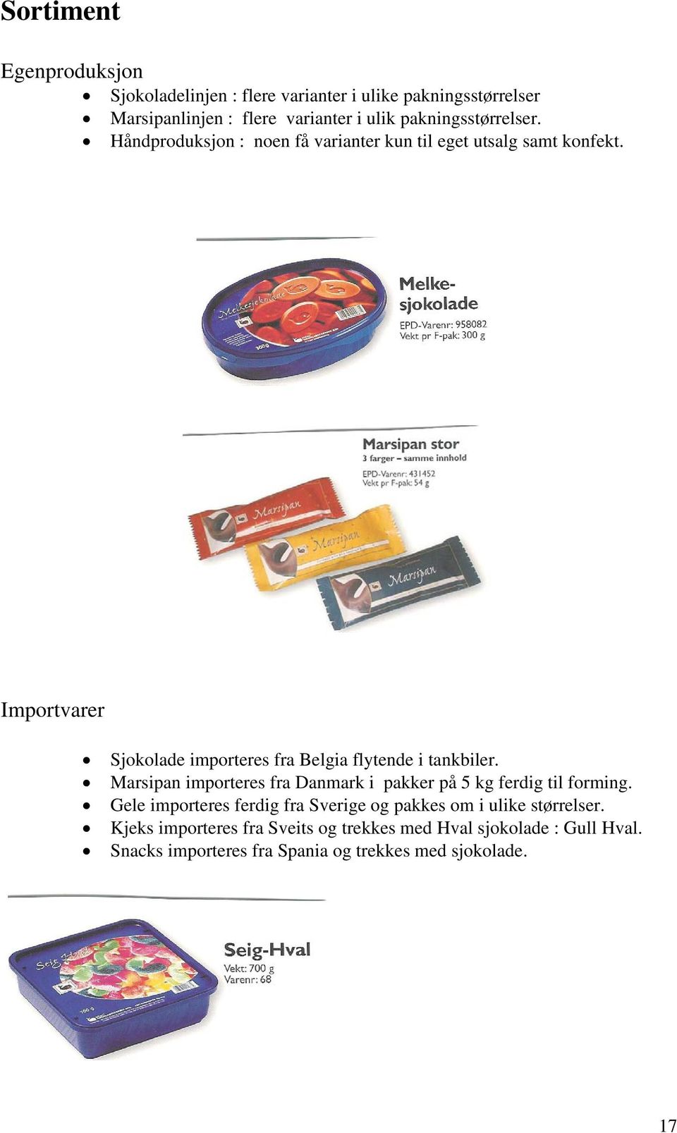 Importvarer Sjokolade importeres fra Belgia flytende i tankbiler. Marsipan importeres fra Danmark i pakker på 5 kg ferdig til forming.
