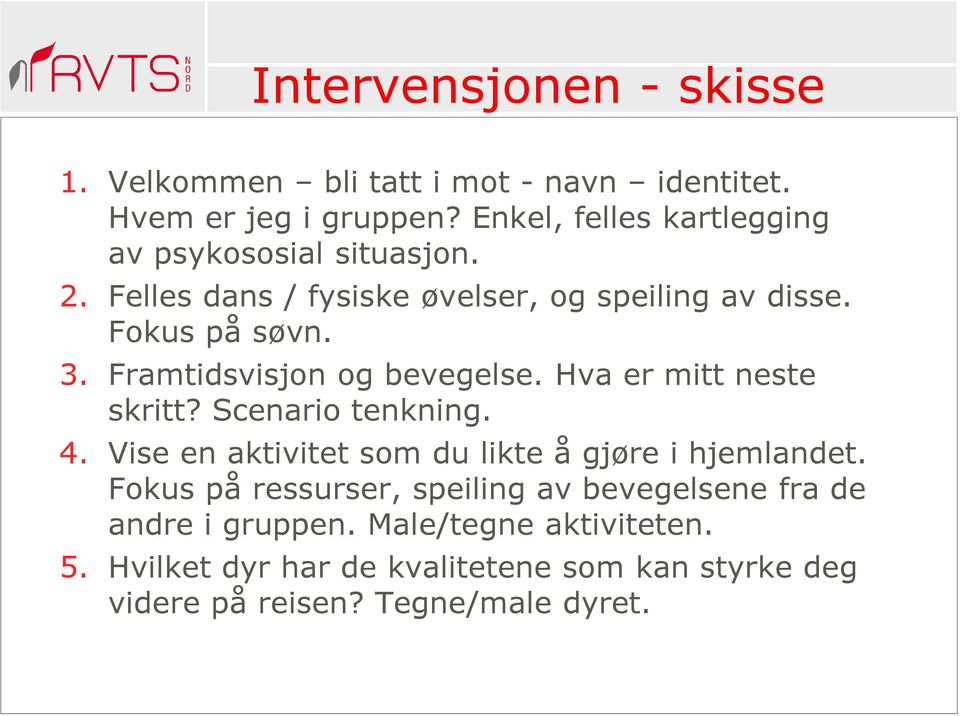 Framtidsvisjon og bevegelse. Hva er mitt neste skritt? Scenario tenkning. 4. Vise en aktivitet som du likte å gjøre i hjemlandet.